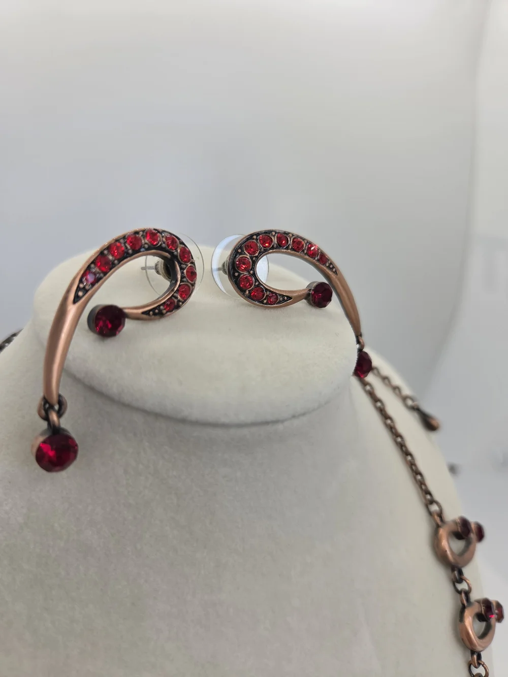 Red Crystal Crescent Drop Necklace and Earring Set, Copper Tone